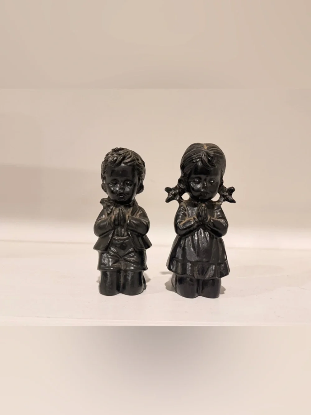 Hand Crafted Black Praying Boy and Girl Ceramic Figurines